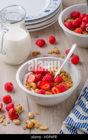 Il Granola cotta con i dadi, miscelata con fragole e yogurt, latte fresco, deliziosa di iniziare la giornata Foto Stock