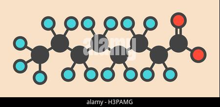L'acido perfluoroottanoico (PFOA, perfluoroottanoato) inquinanti cancerogeni molecola. Stilizzata di scheletro di formula (struttura chimica). Gli atomi sono mostrati come codificati per colore cerchi: idrogeno (nascosto), carbonio (grigio), Ossigeno (rosso), il fluoro (ciano). Foto Stock
