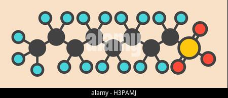 L'acido perfluoroottanoico (PFOA, perfluoroottanoato) inquinanti cancerogeni molecola. Stilizzata di scheletro di formula (struttura chimica). Gli atomi sono mostrati come codificati per colore cerchi: idrogeno (nascosto), carbonio (grigio), Ossigeno (rosso), il fluoro (ciano). Foto Stock