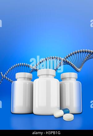 I farmaci generici di bottiglie e acido deossiribonucleico strand, illustrazione. Foto Stock