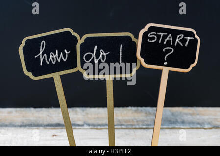 Messaggio aziendale Come posso iniziare ? Scritto con il gesso su legno mini etichette di Blackboard Foto Stock