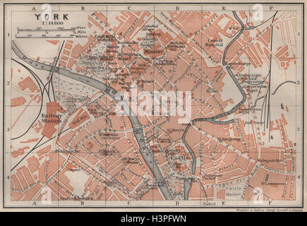 YORK antico centro città piano. Yorkshire. BAEDEKER 1906 mappa vecchia Foto Stock