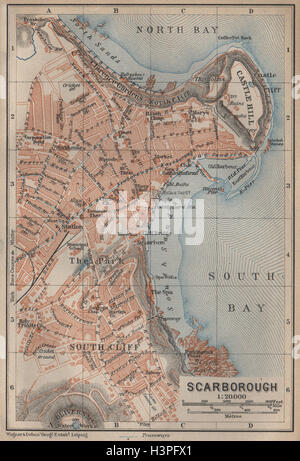 SCARBOROUGH antica città pianta della città. Scogliera a sud. Yorkshire. BAEDEKER 1906 mappa Foto Stock