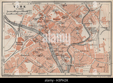 YORK antico centro città piano. Yorkshire. BAEDEKER 1927 mappa vecchia Foto Stock