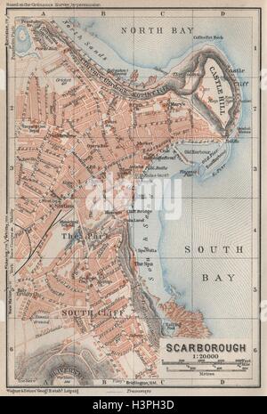 SCARBOROUGH antica città pianta della città. Scogliera a sud. Yorkshire. BAEDEKER 1927 mappa Foto Stock