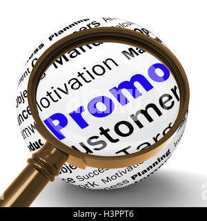 Lente di ingrandimento di promo definizione mostra prezzi ridotti e disco speciale Foto Stock