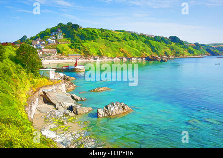 Looe Cornwall illustrazione della costa da porto entrata in luminosi colori vividi Foto Stock