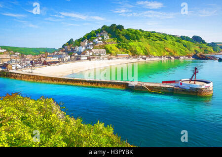 Cornwall Regno Unito dai colori brillanti di Looe illustrazione del porto Foto Stock