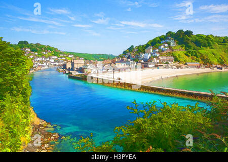 Cornwall Regno Unito dai colori brillanti di Looe illustrazione del porto Foto Stock