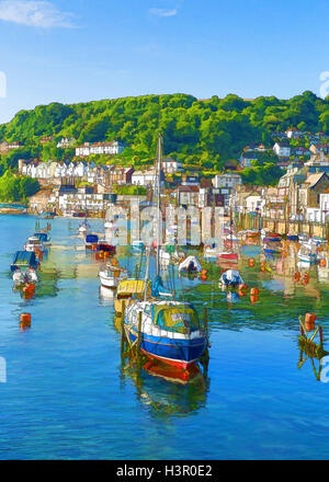 Looe Cornwall Regno Unito con barche e yacht sul fiume in luminosi colori vividi Foto Stock