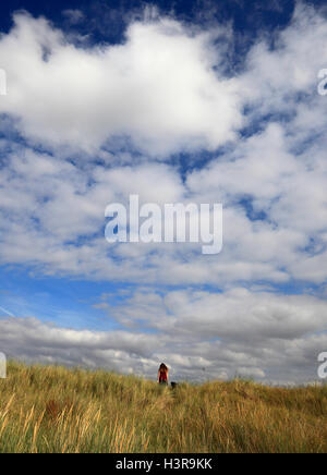 Diciassettenne ragazza e il suo nero Labrador sulle dune di sabbia sulla costa di Norfolk. Foto Stock