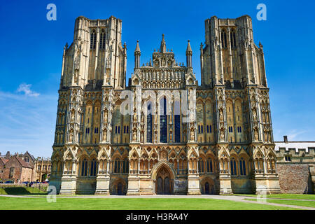 La facciata della medievale Cattedrale di Wells costruito nei primi inglese in stile gotico in 1175, Wells Somerset, Inghilterra Foto Stock