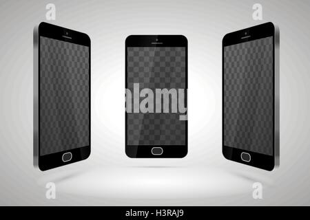 Tre realistico smartphone lucida, mockup con trasparente per il layout Illustrazione Vettoriale