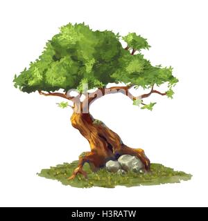 Cartoon carino albero su erba, gioco elemento d'arte Illustrazione Vettoriale