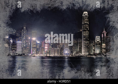 Isola di Hong Kong con scyscrapes illuminata di notte Foto Stock