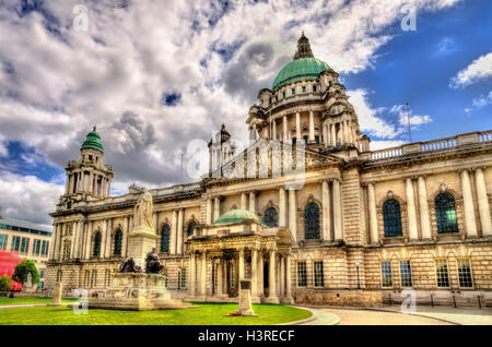 La regina Victoria Memorial e Municipio di Belfast - Irlanda del Nord Foto Stock