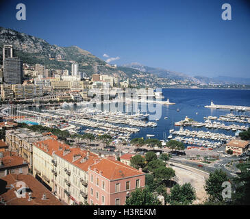 Il Principato di Monaco e Monte Carlo, panoramica sulla città, il porto per yacht, Porto, città costa mediterranea, il Mare Mediterraneo Foto Stock