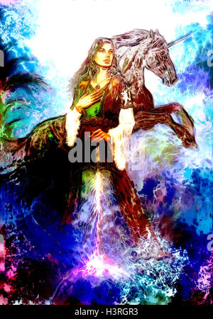 Donna eroica in abito medievale con spada e unicorn, computer grafica. Foto Stock