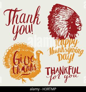 La Giornata del ringraziamento etichetta impostata. felice giorno turchia, grati per voi, rendere grazie. Illustrazione Vettoriale