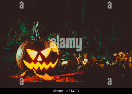 Zucca incandescente che simboleggia la testa del vecchio Jack, con foglie di autunno una notte in un losco sfondo scuro. soft focus. shallow dof Foto Stock