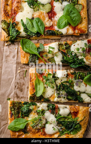 Pizza con spinaci e mozzarella tagliata a fette e cotta in forno Foto Stock