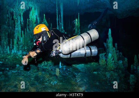 Tuffati in una grotta di cenote a Tulum, Messico, circondata da acque turchesi, formazioni calcaree e raggi di luce, catturando la bellezza dell'Explore subacqueo Foto Stock