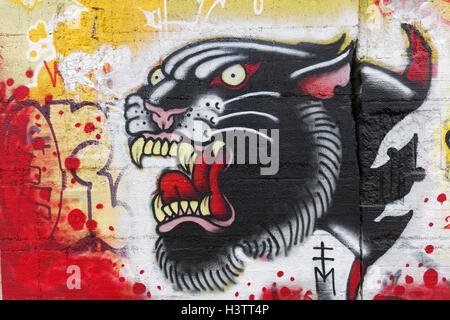 Panther con la bocca aperta, graffiti, arte di strada, Duisburg, Nord Reno-Westfalia, Germania Foto Stock