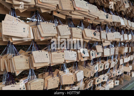 Ema in legno desiderio le placche al Meiji Jingu, Tokyo, Giappone Foto Stock