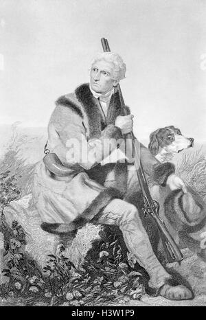 1810s SENIOR DANIEL BOONE CACCIA IN MISSOURI indossare pellicce Camicia rifinita FLINTLOCK RIFLE E CANE al suo fianco CHAPPEL INCISIONE Foto Stock