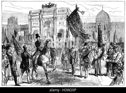 Massoni erano responsabili per l'ultimo grave tentativo di conciliazione tra Versailles e la Comune di Parigi il 21 aprile 1871. Pochi giorni dopo la riunione Adolphe Thiers, hanno deciso, in una riunione pubblica, per piantare il loro banner sui bastioni e gettare la loro partita con il Comune. Sul 29th, di conseguenza, 10.000 dei fratelli incontrati e hanno marciato per l'Hôtel de Ville, capeggiata dal Grand Masters in piena insegne e striscioni del lodge Foto Stock