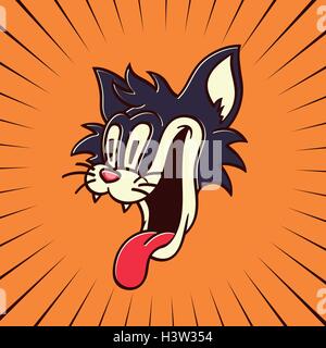 Vintage toons: retro personaggio dei fumetti fame crazy cat sorridente con la lingua di fuori guardando qualcosa di delizioso Illustrazione Vettoriale