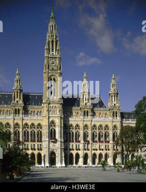 Austria, Vienna, municipio, Europa, capitale, municipio edificio, struttura, nel 1872-83, builder Friedrich von Schmidt, stile architettonico, architettura, nuovo gotico, l'altezza della torre di 97,9 m, facciata, landmark, luogo di interesse, cultura, estate, Foto Stock