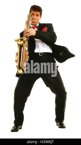 Musicisti, tuta, sassofono uomini, tagliate, studio, uomo, giovani, musica jazz, sassofonista, sassofonista, strumento musicale, strumento, fare musica, Foto Stock