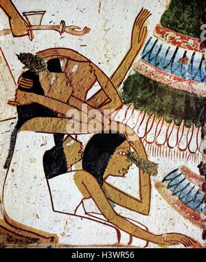 Tomba egizia pittura murale da Tebe, Luxor. Datata xi secolo A.C. Foto Stock