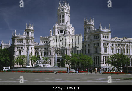 Spagna, Madrid, Plaza de Cibeles Fountain, Fuente de Cibeles, Palacio de leggere Comunicaciones Zentralspanien, città capitale, centro città, ben, Cibeles ben, Fontana, ben figura, Kybele, dea della fertilità, leone la combinazione del motociclo, un punto di riferimento, luogo di interesse, edificio principale post Foto Stock