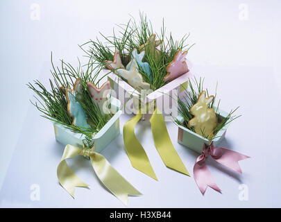 Pasqua, nidi di Pasqua, torta di Pasqua, tempo di Pasqua decorazione, decorazione, Deko, cartoni, tre, levigatura, erba, biscotto e coniglietto di Pasqua, still life, studio Foto Stock