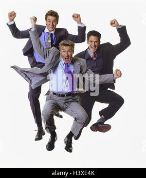 Gli uomini, le tute, cappero, gesto, tifo, gioia agli uomini, imprenditori, manager, tre, crack, salto, rallegratevi fusa, felice, allegramente, lieti, entusiasmo, studio, tagliate, Foto Stock