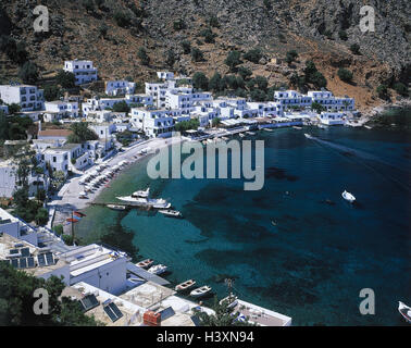 La Grecia, Creta, Loutro vista locale, porto, esterno, Cicladi Cicladi isola, isola, spiaggia, mare, mare Mediterraneo, COSTA, COSTA SUD, luogo di pesca, luogo, luogo, villaggio, visualizzare, case, case, navi, stivali, bacini di porto Foto Stock