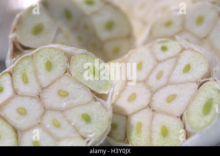 Aglio Allium sativum, noduli, metà, still life, aglio noduli, diviso, metà, spicchi d'aglio, porri tipo, spice, farmaco, nodulo, mezza sezione trasversale, close up Foto Stock