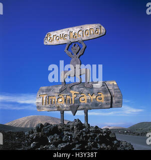 Spagna, Lanzarote, Timanfaya, parco nazionale, segno, esterno, Isole Canarie, isola, parco nazionale, il Parque Nacional de Timanfaya, fire montagne, riserva naturale, luogo di interesse, cartello in legno, ingresso bambino, segno, devil Foto Stock