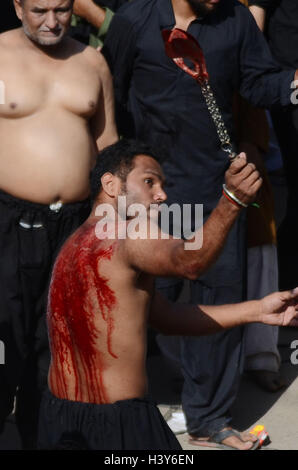 Lahore, Pakistan. Xii oct, 2016. Il pakistan musulmani sciiti si radunano attorno a cavallo che rappresenta uno utilizzato dall imam Hussein nella battaglia di Karbala come essi prendono parte alla processione Ashura sul decimo muharram. Il mese islamico di Muharram segna il sette-secolo il martirio del Profeta Mohammad il nipote di imam Hussein che è stato ucciso nella battaglia di Karbala in Iraq nel 680 d.c. Credito: Rana Sajid Hussain/Pacific Press/Alamy Live News Foto Stock