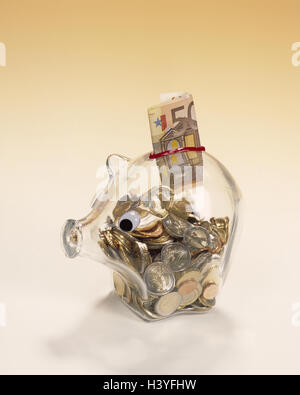 Salvadanaio, trasparente, di monete in euro, banconote, in modo trasparente, denaro, euro, monete, cambiare hard money, ricchezza, riccamente, numero enorme, in contanti, di mezzi di pagamento, moneta unica, risparmi, salvare, precauzione, fotografia del prodotto, still life Foto Stock