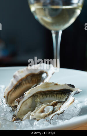 Ostriche fresche con vino bianco Foto Stock