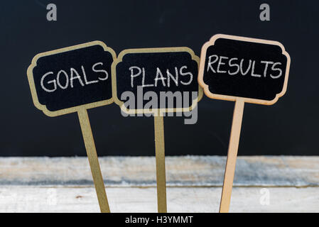 Messaggio motivazionale obiettivi risultati piani scritto con un gessetto su legno mini etichette di Blackboard Foto Stock