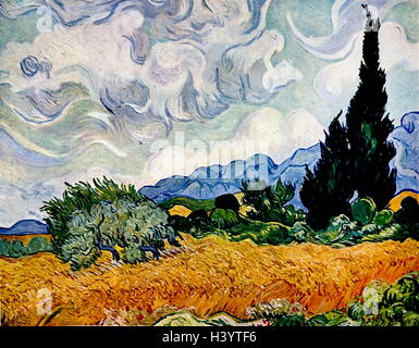 Pittura intitolata 'Campo di grano con cipressi di Vincent van Gogh (1853-1890) un pittore olandese e il relatore. Datata del XIX secolo Foto Stock