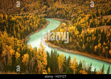 Lago di Kanas e foresta alpina, contea di Burqin, Prefettura di Altay, Xinjiang, Cina Foto Stock