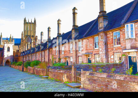 Vicari vicino case accanto alla Cattedrale di Wells Somerset Inghilterra risalente al XV secolo illustrazione Foto Stock