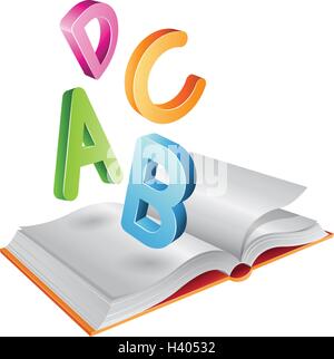 Illustrazione di vettore del libro aperto e battenti lettere isolate su uno sfondo bianco Illustrazione Vettoriale