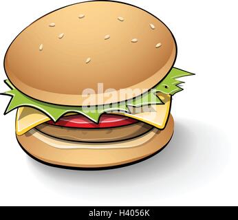 Illustrazione Vettoriale di gustoso Burger Cartoon con linee nere isolato su uno sfondo bianco Illustrazione Vettoriale