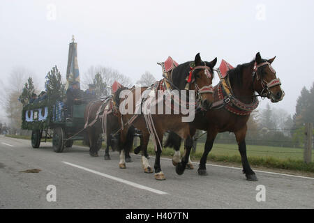 In Germania, in Baviera, Froschhausen, Leonhardi ride, horse's carrello, partecipante, Europa, Sud della Germania, Alta Baviera, Murnau, Leonhardi, Leonhardi processione, ride, Umritt, processione, benedizione, horse's patron Leonhardt, Bittprozession, processione, traditi Foto Stock